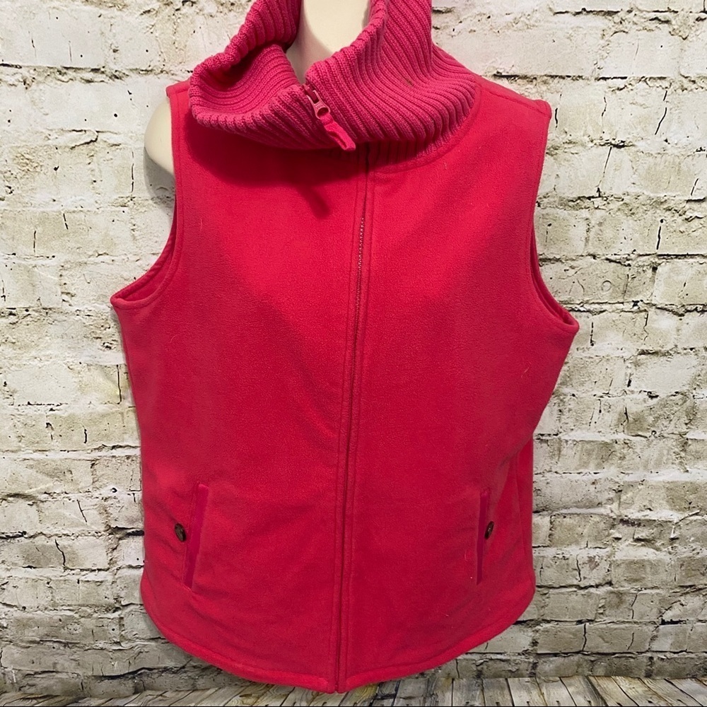Lands End Pink Fleece Ribbed Mock Neck Zip Up Vest